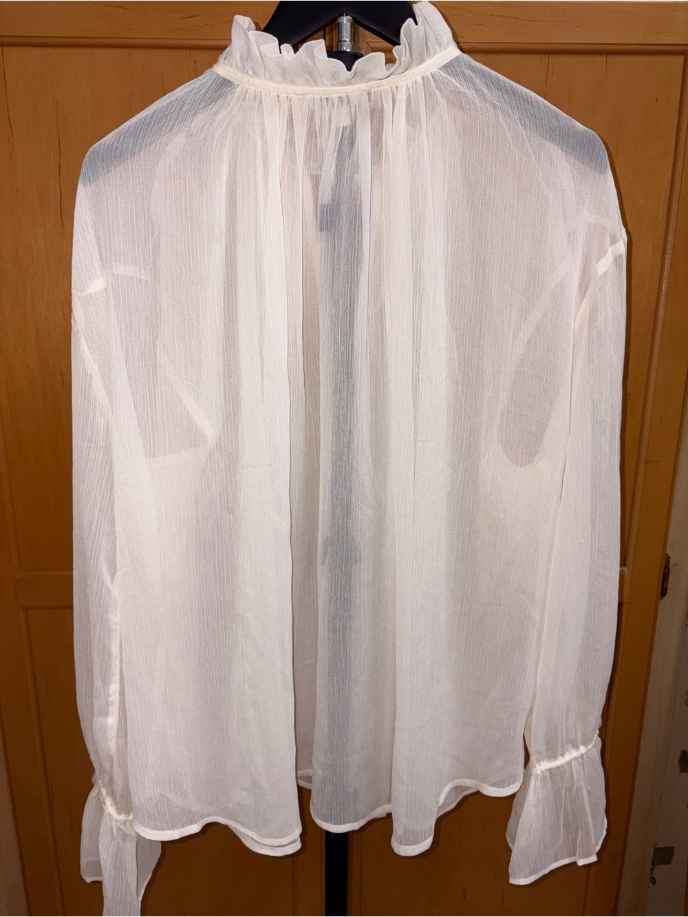 Loft Sheer White Cream Chiffon Ruffle Tie Neck Bell Sleeve Blouse Size XXL - Picture 2 of 9